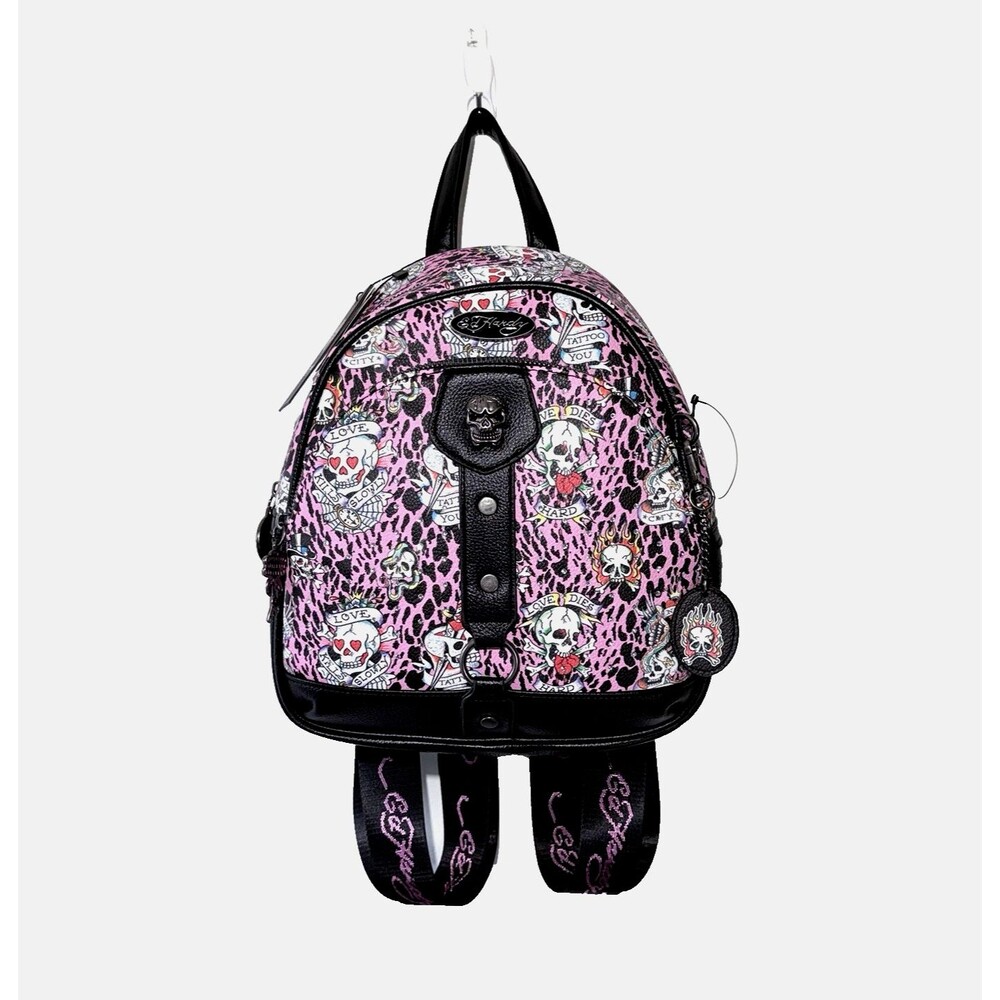 Ed Hardy Adjustable Pink Leopard Print Rhinestone Skulls  Backpack Purse NWT